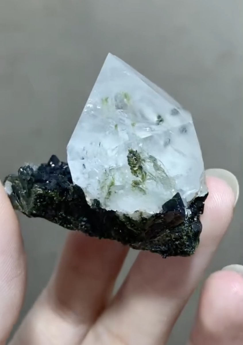Quartz with Epidote Inclusions - Crystal on Forest-Green Epidote Matrix